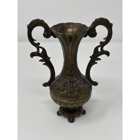 VTG Brass 5" Double Handled Bud Intricate Floral Vase Footed Made In Italy - Picture 1 of 13